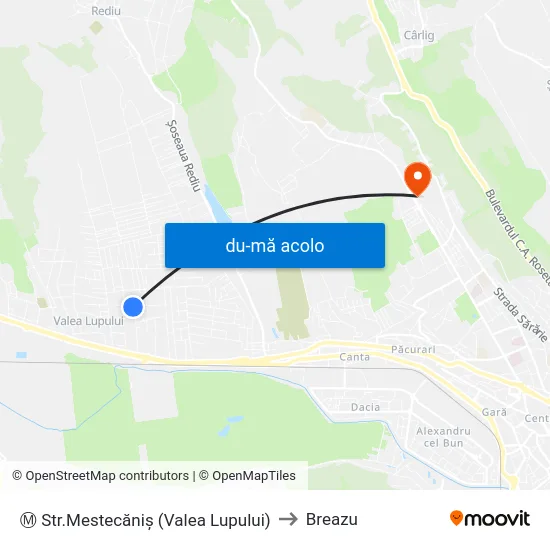 Harta de Ⓜ Str.Mestecăniş (Valea Lupului) către Breazu