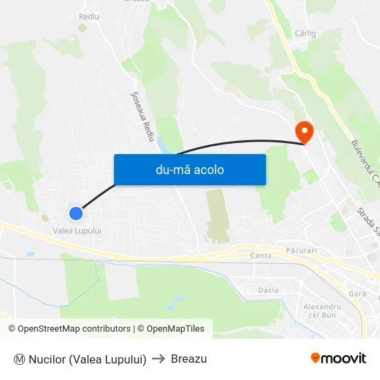 Harta de Ⓜ Nucilor (Valea Lupului) către Breazu