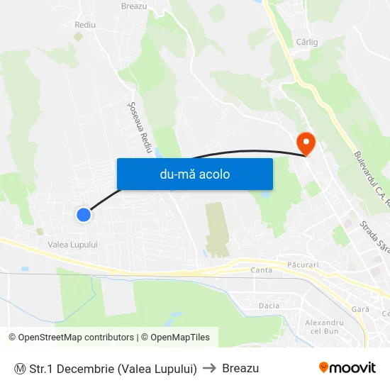 Harta de Ⓜ Str.1 Decembrie (Valea Lupului) către Breazu