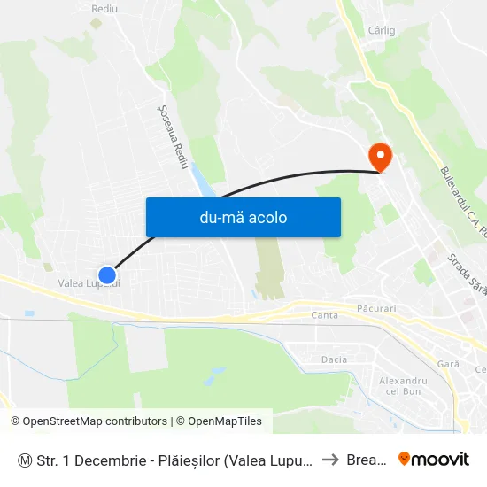 Harta de Ⓜ Str. 1 Decembrie - Plăieșilor (Valea Lupului) către Breazu