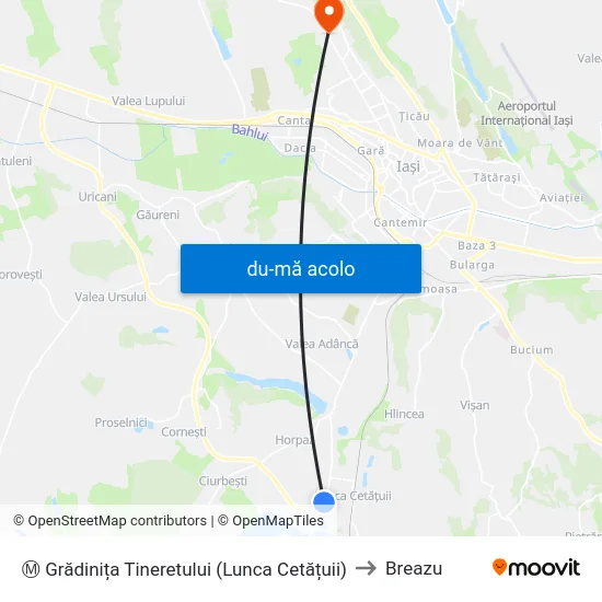 Harta de Ⓜ Grădinița Tineretului (Lunca Cetățuii) către Breazu