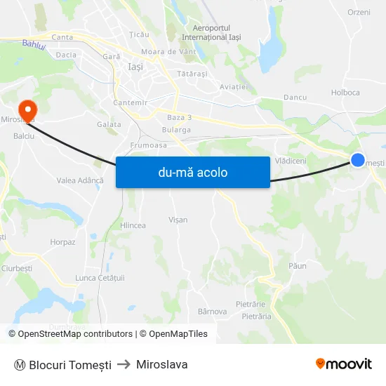 Harta de Ⓜ Blocuri Tomești către Miroslava