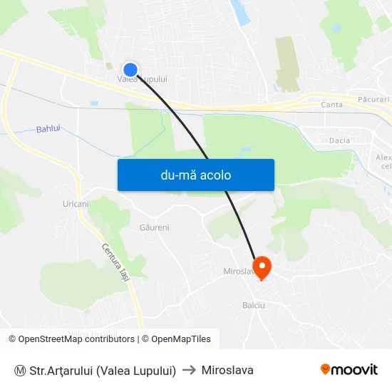 Harta de Ⓜ Str.Arţarului (Valea Lupului) către Miroslava