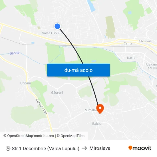 Harta de Ⓜ Str.1 Decembrie (Valea Lupului) către Miroslava