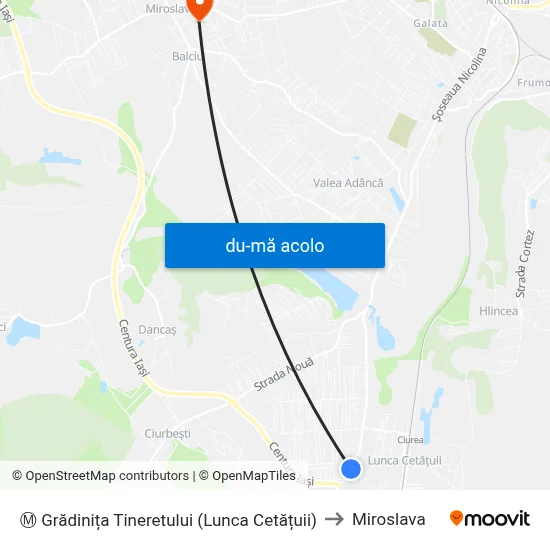 Harta de Ⓜ Grădinița Tineretului (Lunca Cetățuii) către Miroslava