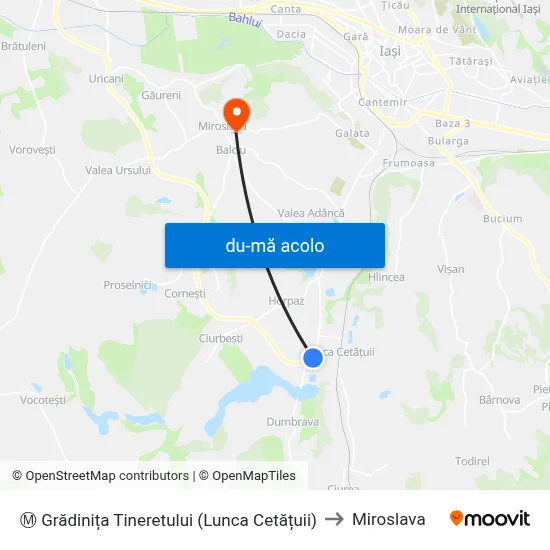 Harta de Ⓜ Grădinița Tineretului (Lunca Cetățuii) către Miroslava