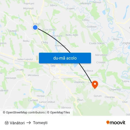 Harta de Ⓜ Vânători către Tomeşti