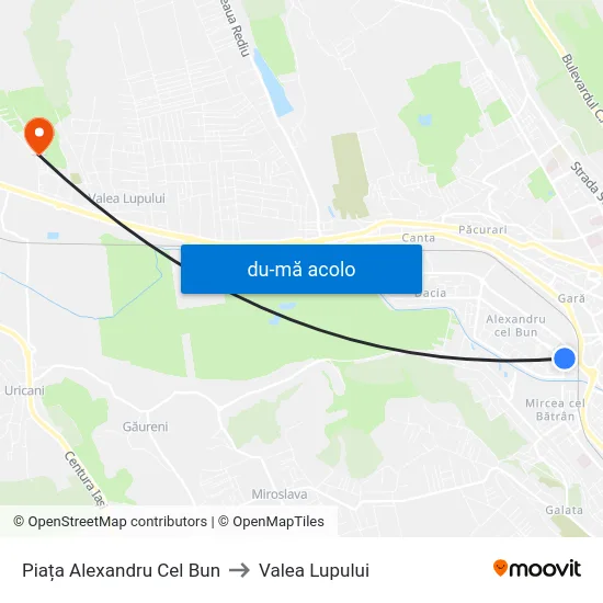 Harta de Piața Alexandru Cel Bun către Valea Lupului