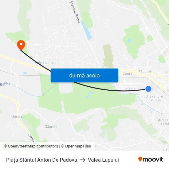 Harta de Piața Sfântul Anton De Padova către Valea Lupului