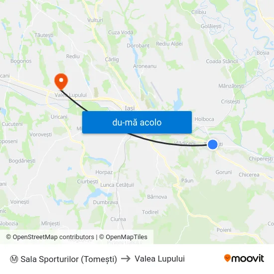 Harta de Ⓜ Sala Sporturilor (Tomeşti) către Valea Lupului