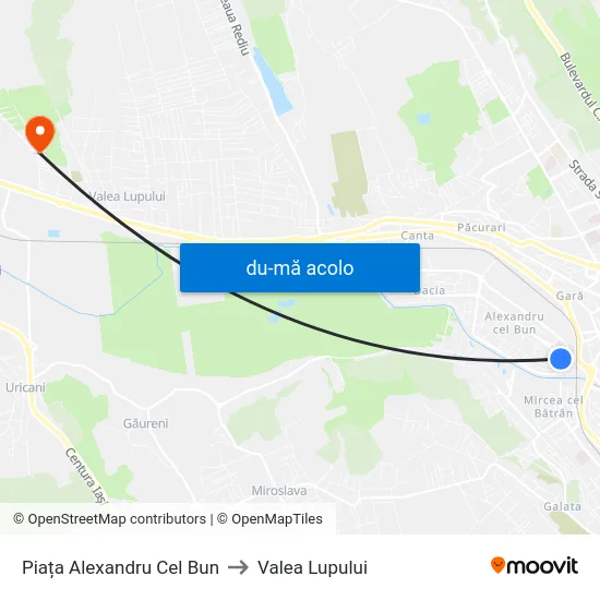 Harta de Piața Alexandru Cel Bun către Valea Lupului