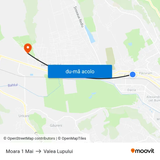 Harta de Moara 1 Mai către Valea Lupului