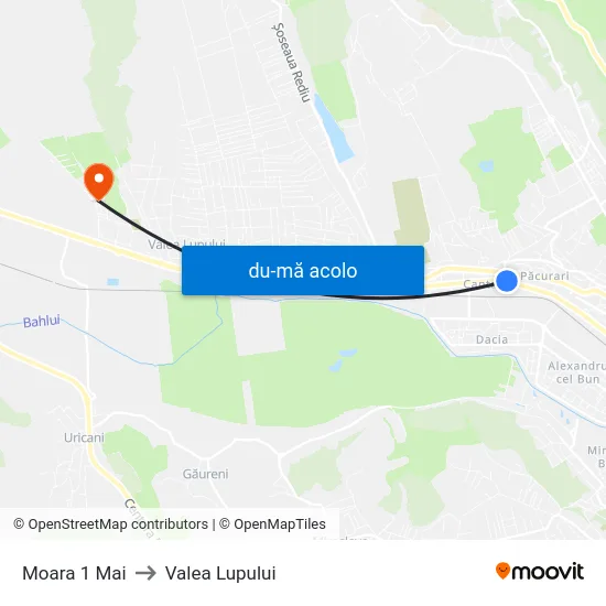 Harta de Moara 1 Mai către Valea Lupului