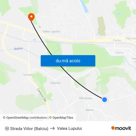 Harta de Ⓜ Strada Viilor (Balciu) către Valea Lupului