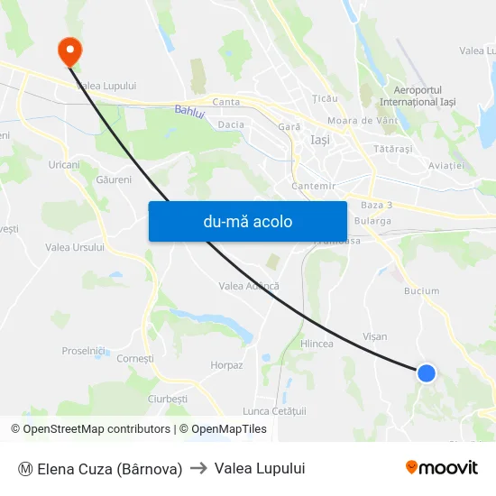 Harta de Ⓜ Elena Cuza (Bârnova) către Valea Lupului