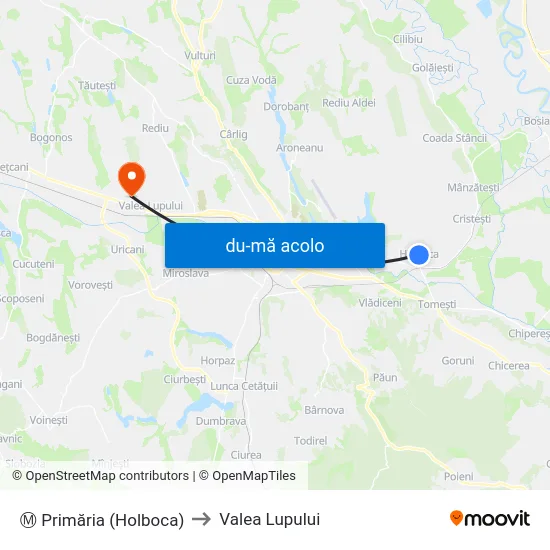 Harta de Ⓜ Primăria (Holboca) către Valea Lupului