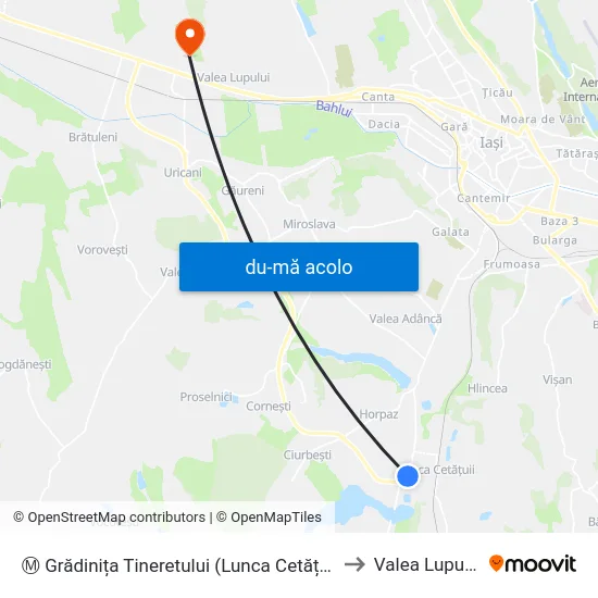 Harta de Ⓜ Grădinița Tineretului (Lunca Cetățuii) către Valea Lupului