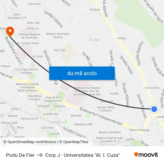 Harta de Podu De Fier către Corp J - Universitatea "Al. I. Cuza"