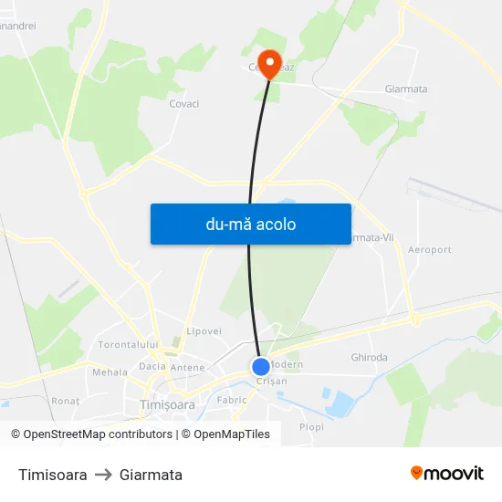 Harta de Timisoara către Giarmata