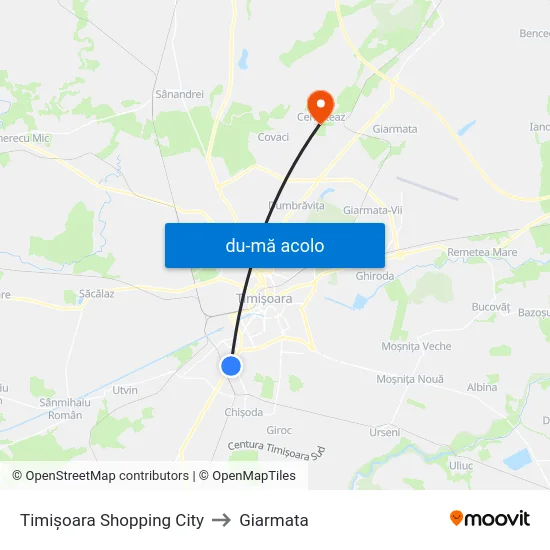 Harta de Timișoara Shopping City către Giarmata