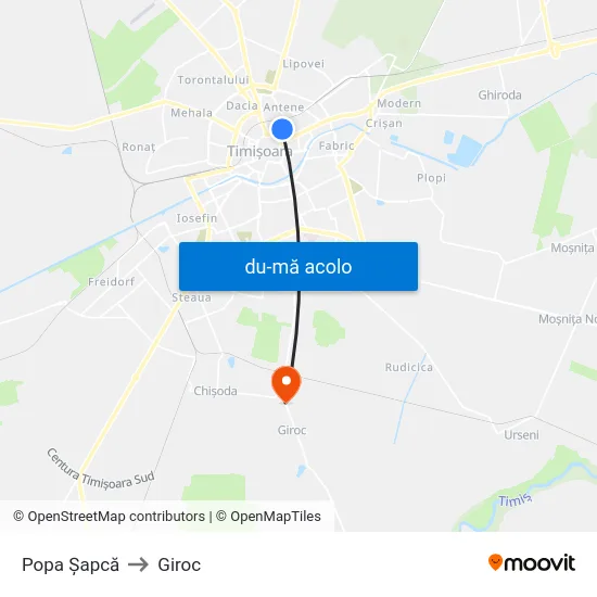 Harta de Popa Șapcă către Giroc