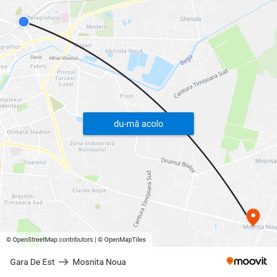 Harta de Gara De Est către Mosnita Noua