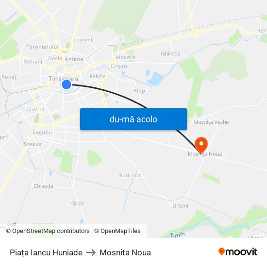 Harta de Piața Iancu Huniade către Mosnita Noua