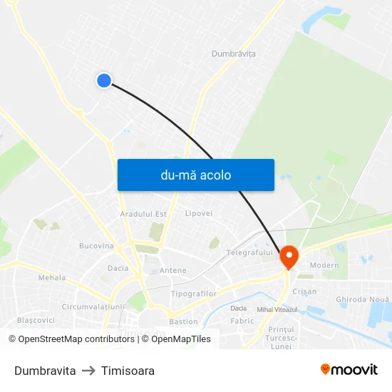 Harta de Dumbravita către Timisoara