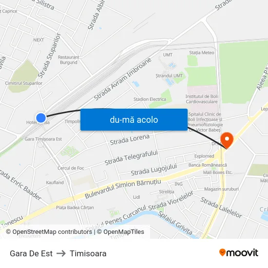 Harta de Gara De Est către Timisoara