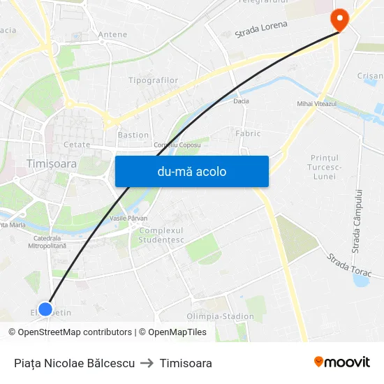 Harta de Piața Nicolae Bălcescu către Timisoara