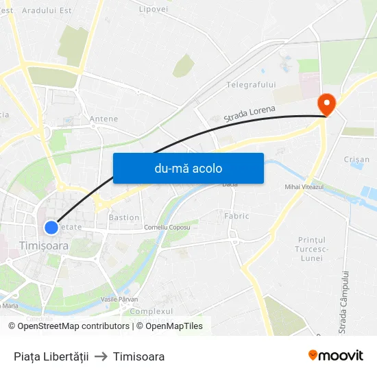 Harta de Piața Libertății către Timisoara