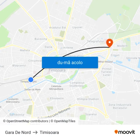 Harta de Gara De Nord către Timisoara