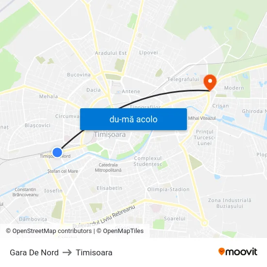 Harta de Gara De Nord către Timisoara