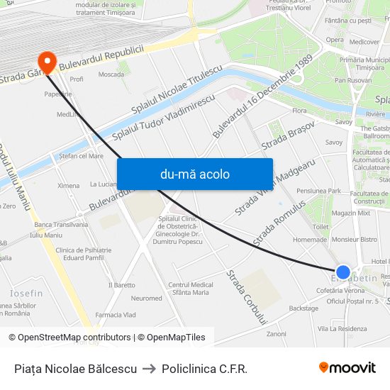 Harta de Piața Nicolae Bălcescu către Policlinica C.F.R.