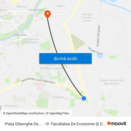 Harta de Piața Gheorghe Domășnean (Rebreanu) către Facultatea De Economie Și De Administrarea A Afacerilor