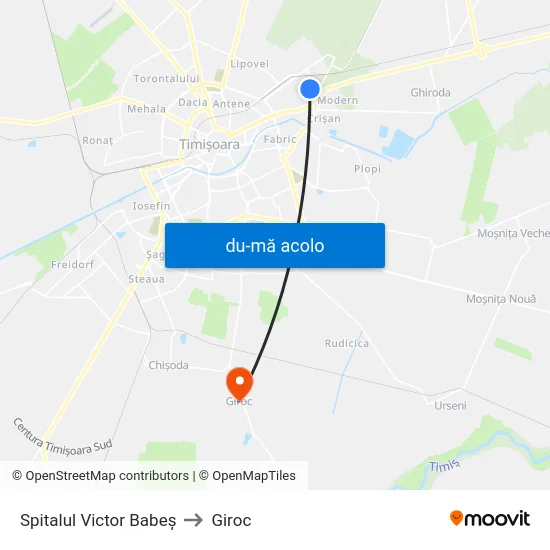 Harta de Spitalul Victor Babeș către Giroc