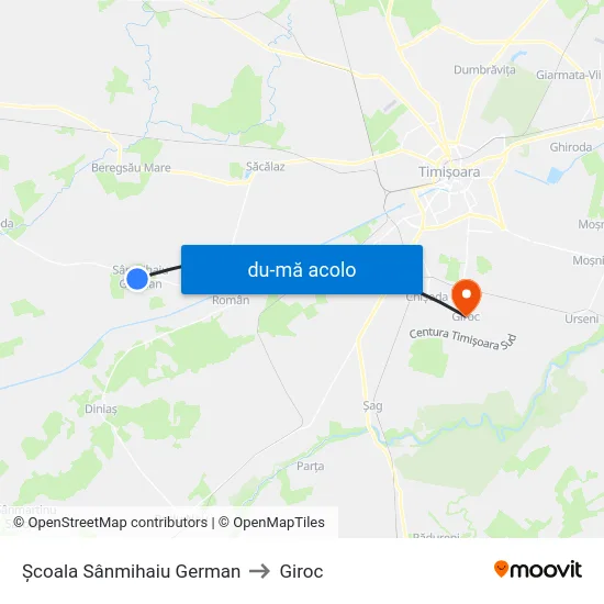 Harta de Școala Sânmihaiu German către Giroc