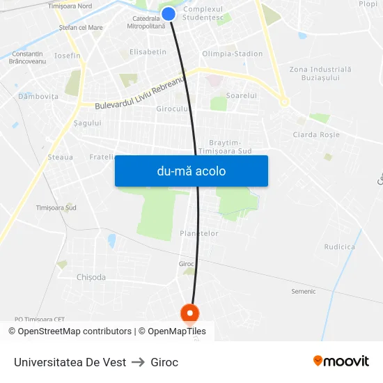 Harta de Universitatea De Vest către Giroc