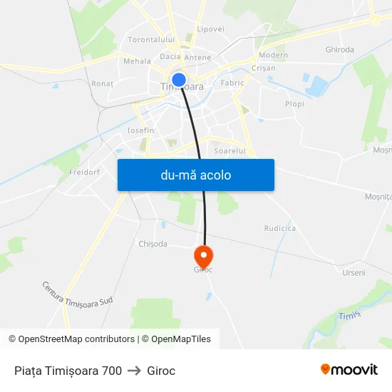 Harta de Piața Timișoara 700 către Giroc