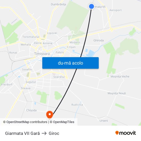 Harta de Giarmata VII Gară către Giroc