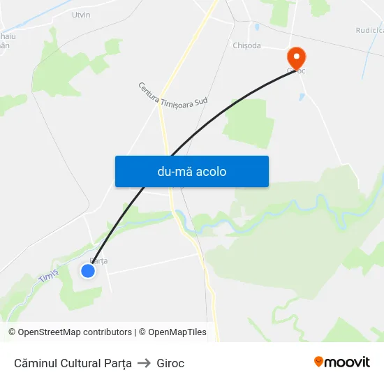 Harta de Căminul Cultural Parța către Giroc