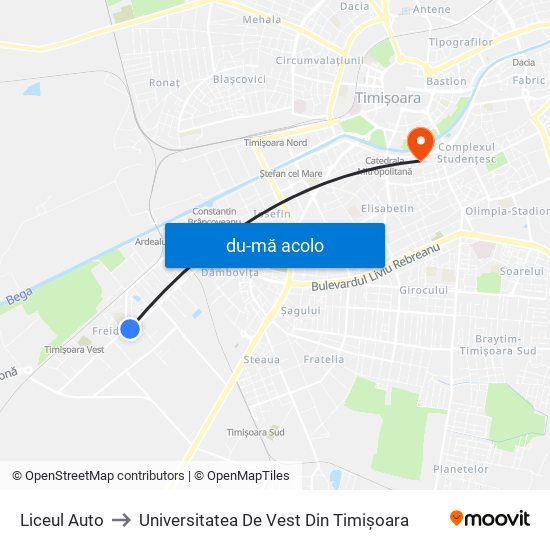 Harta de Liceul Auto către Universitatea De Vest Din Timișoara