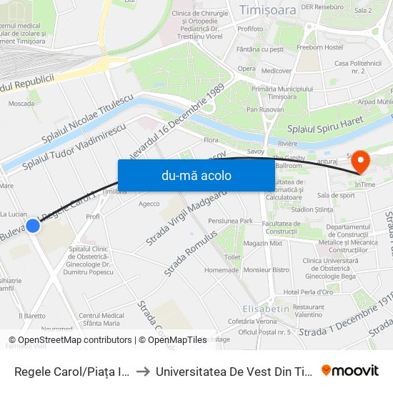 Harta de Regele Carol/Piața Iosefin către Universitatea De Vest Din Timișoara