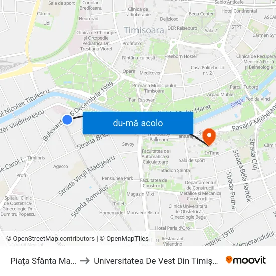 Harta de Piața Sfânta Maria către Universitatea De Vest Din Timișoara