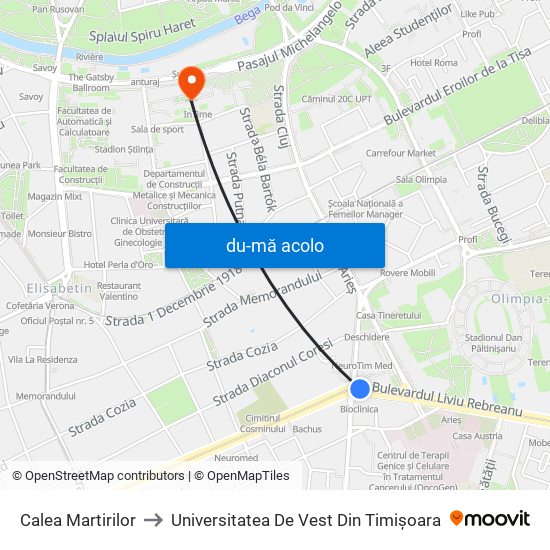 Harta de Calea Martirilor către Universitatea De Vest Din Timișoara