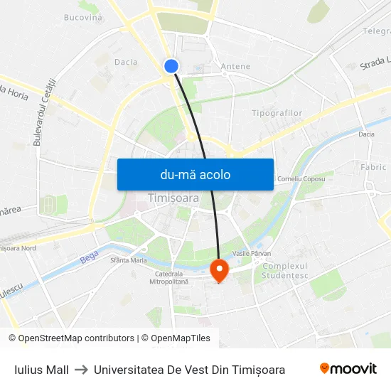 Harta de Iulius Mall către Universitatea De Vest Din Timișoara