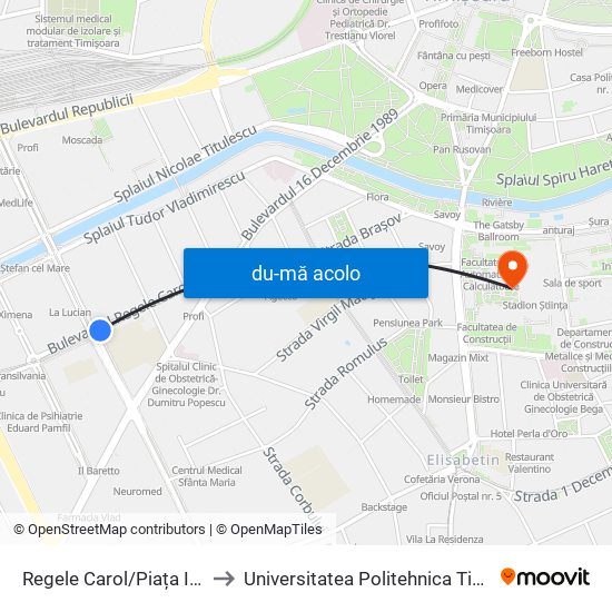 Harta de Regele Carol/Piața Iosefin către Universitatea Politehnica Timișoara