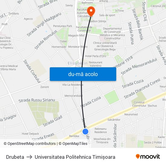 Harta de Drubeta către Universitatea Politehnica Timișoara