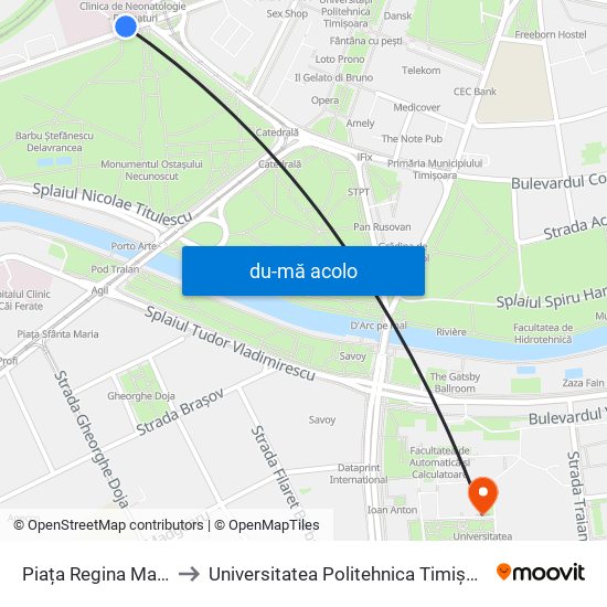 Harta de Piața Regina Maria către Universitatea Politehnica Timișoara