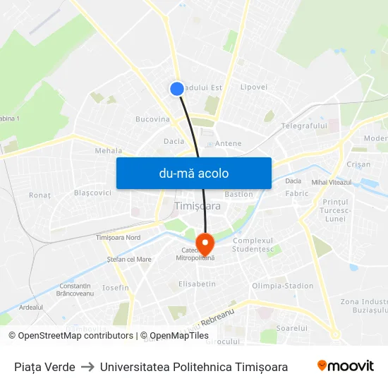 Harta de Piața Verde către Universitatea Politehnica Timișoara